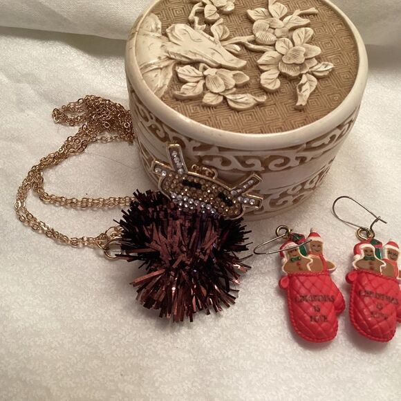 Reindeer Necklace and Gingerbread in a Mitten Earrings - Picture 1 of 3